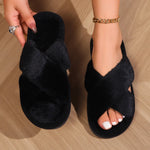 Women’s Cross Band Fur Slippers Indoor Furry Fuzzy Open Toe Shoes Home Cozy Warm Slides Double Straps Slipper Soft Sole Non Slip RT220