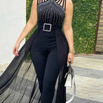 Summer Sleeveless Lace Up Women's Elegant Long Jumpsuit Fashion Hot Drill Waist Mesh Mop Slim Fit Female Party Jumpsuit 2025 RT220