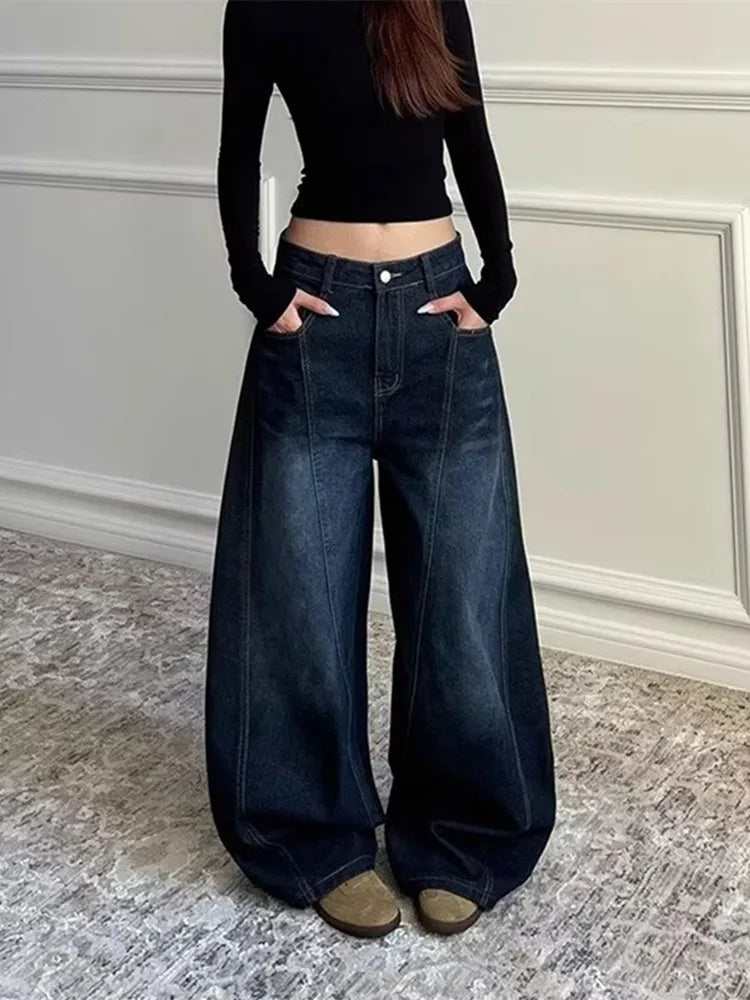 2025 Ropa Y2K Fashion Letter Embroidery Vintage Dark Blue Baggy Jeans Pants Women Clothing New Rock Wide Leg Lady Denim Trousers RT220