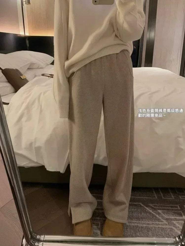 Women Pants Autumn Winter Thickening High Waisted Wool Wide Leg Pants Women Fashion Chevron Lengthening Leg Opening Floor Length RT220