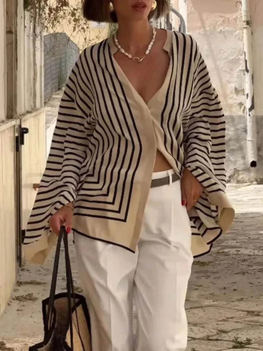 Elegant Striped Shirts Women Vintage Irregular White Blouses Ladies Fashion Long Sleeve Chic Buttons Loose Design Tops New Blusa RT220