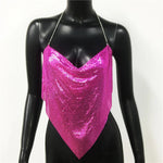 New Sexy Backless Metal Sequined Solid Camis Sleeveless Halter Hollow Out V Neck Adjustable Chain Women Nightclub Crop Tops RT220