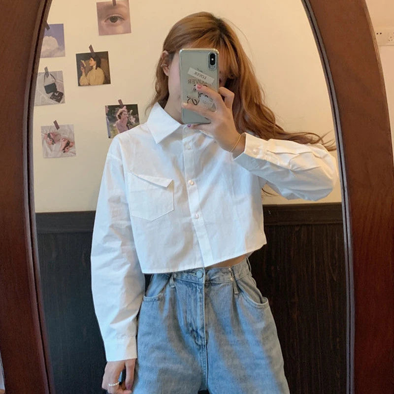 MEXZT Fashion Korean Pocket Cropped Blouse Women Casual Preppy Style Long Sleeve Short Shirt Fall Solid White All-match Y2k Tops RT220