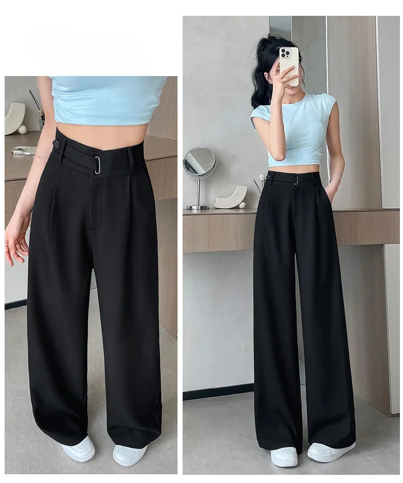 Seoulish Spring Summer Elegant Button Women's Wide Leg Pants 2025 New High Waist Solid Casual Loose Straight Trousers for Womens RT220