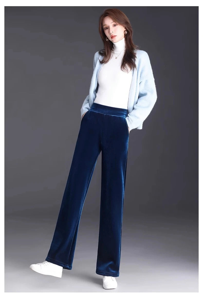 Golden Velvet Wide Legged Pants 2024 Spring and Autumn High Waist Hanging Good Casual Pants Blue Loose Straight Women's Pants6XL RT220