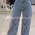 Women's Spring Summer Fashion Hollow Out Lace Splicing Denim Drape Pants Full Length Trousers RT220