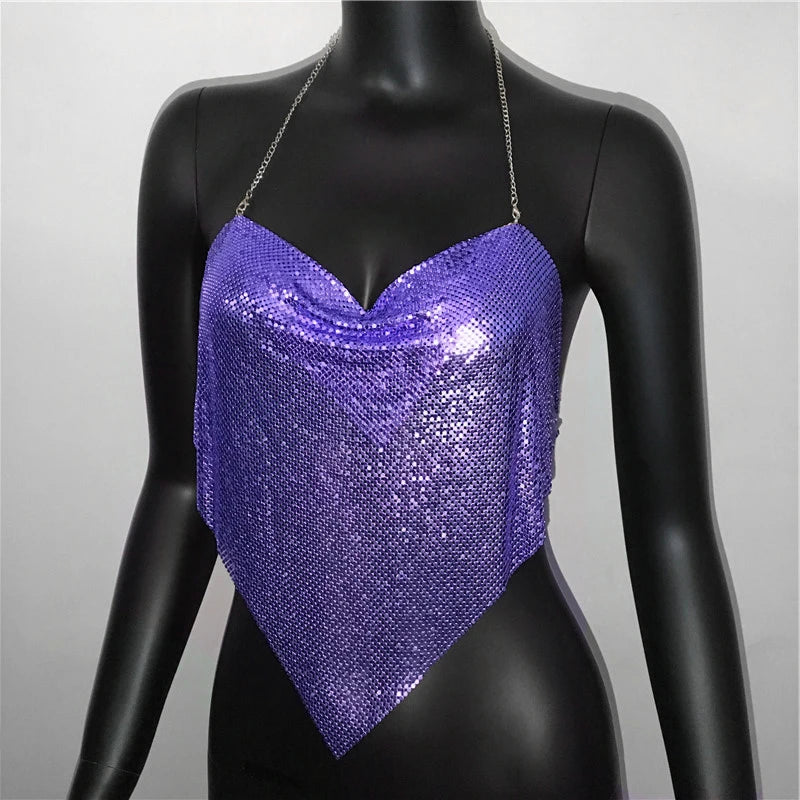 New Sexy Backless Metal Sequined Solid Camis Sleeveless Halter Hollow Out V Neck Adjustable Chain Women Nightclub Crop Tops RT220