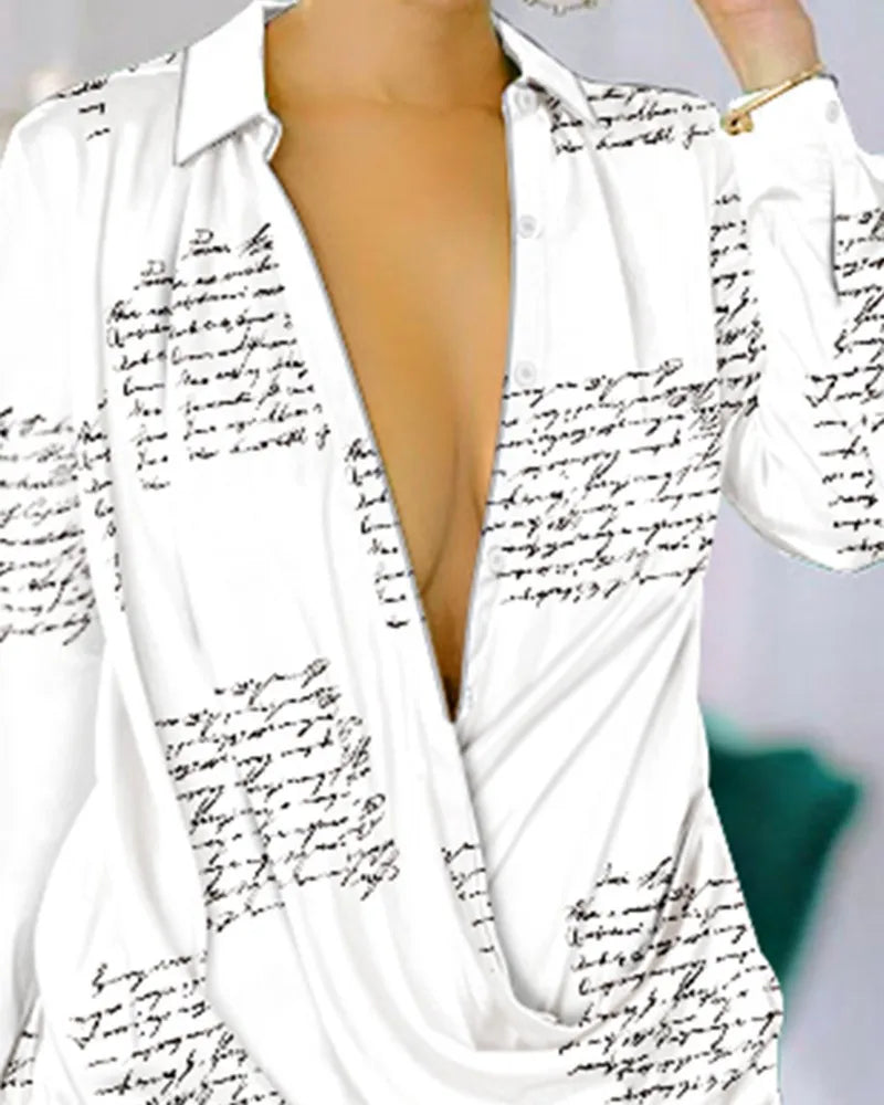 Women Urban Blouses 2024 Spring Summer Hot Selling Sexy Deep V-Neck Fashion Printed Long Sleeved Shirt Dress Loose Versatile Top RT220