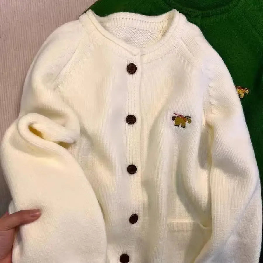 Autumn Winter Women Green Sweaters Coats O-Neck Pockets Embroid Button Fashion Sweet Lazy Wind Long Sleeve Cardigan Knit Tops RT220