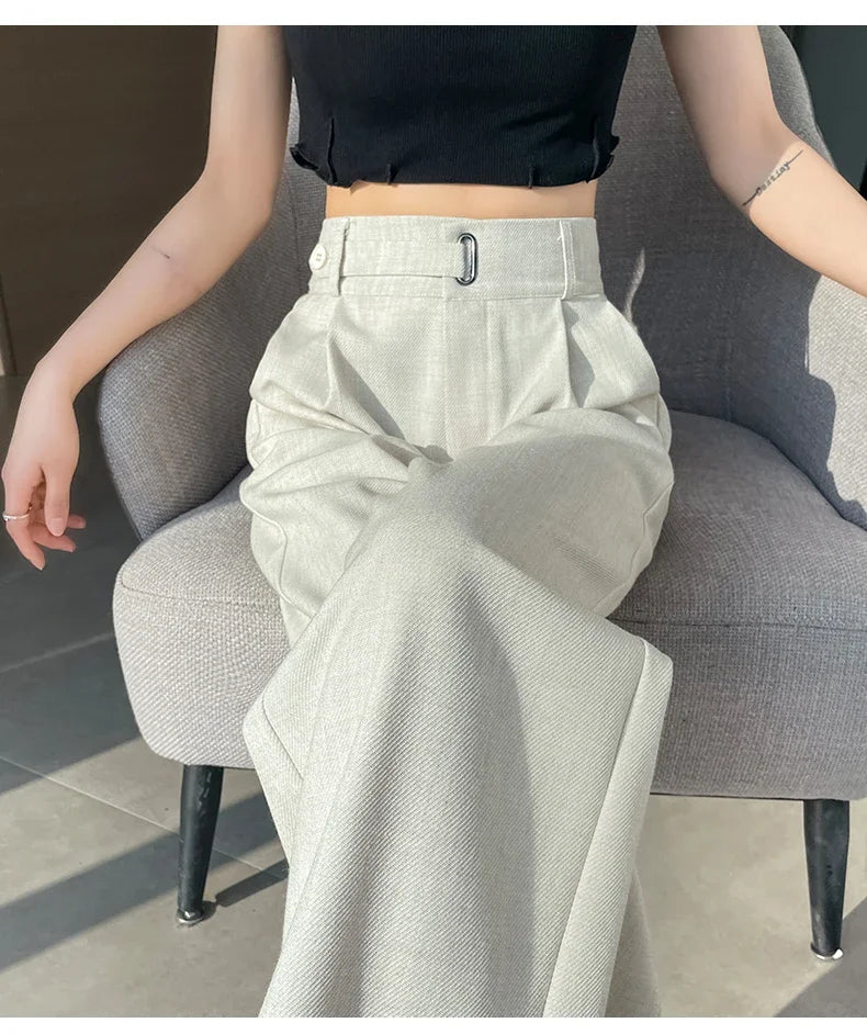 Seoulish Spring Summer Elegant Button Women's Wide Leg Pants 2025 New High Waist Solid Casual Loose Straight Trousers for Womens RT220