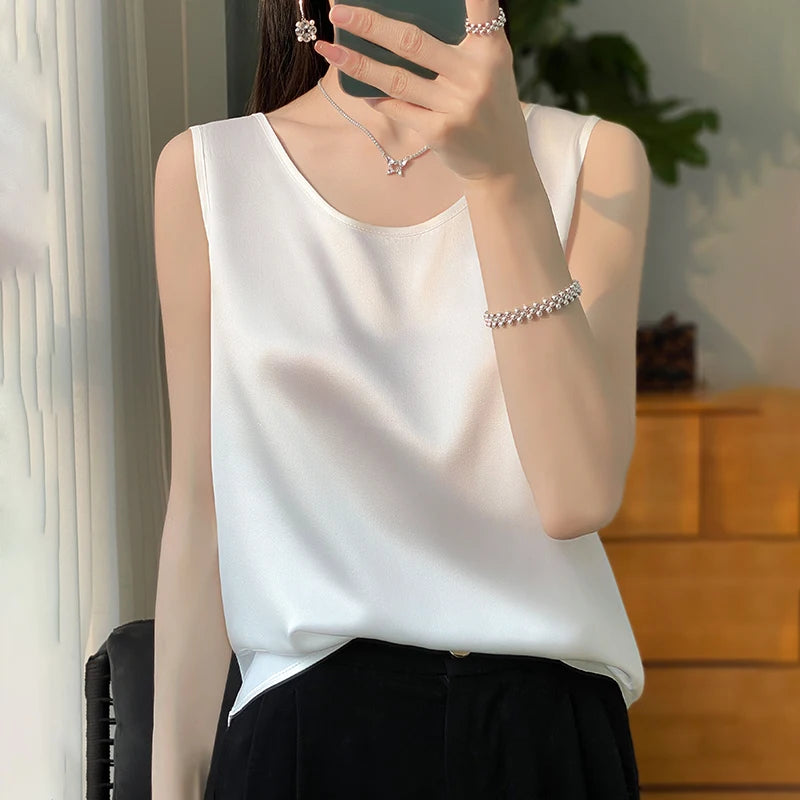 Women Tops Solid Spring Summer Casual Crop Tops Sexy O-neck Tank Tops Office Lady Pink White Top 2024 Fashion Korean Tank Top RT220