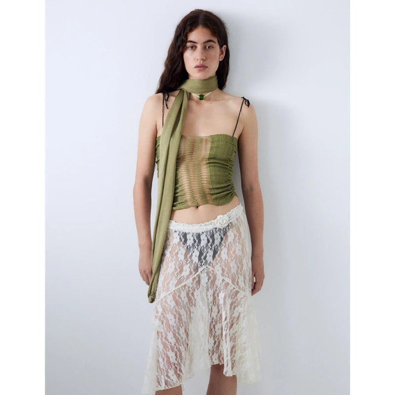 Xingqing 2024 Lace Skirt Women White See Through Floral Lace Low Waist Midi Skirts y2k Aesthetic Fairycore Beach Skirt Clubwear RT220