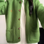Autumn Winter Women Green Sweaters Coats O-Neck Pockets Embroid Button Fashion Sweet Lazy Wind Long Sleeve Cardigan Knit Tops RT220