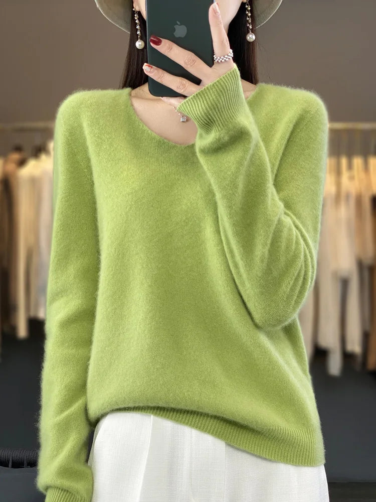 2024 New Womens Basic V-neck Pullover Sweater 100% Merino Wool Long Sleeve Cashmere Knitwear Autumn Winter Female Clothing Tops RT220
