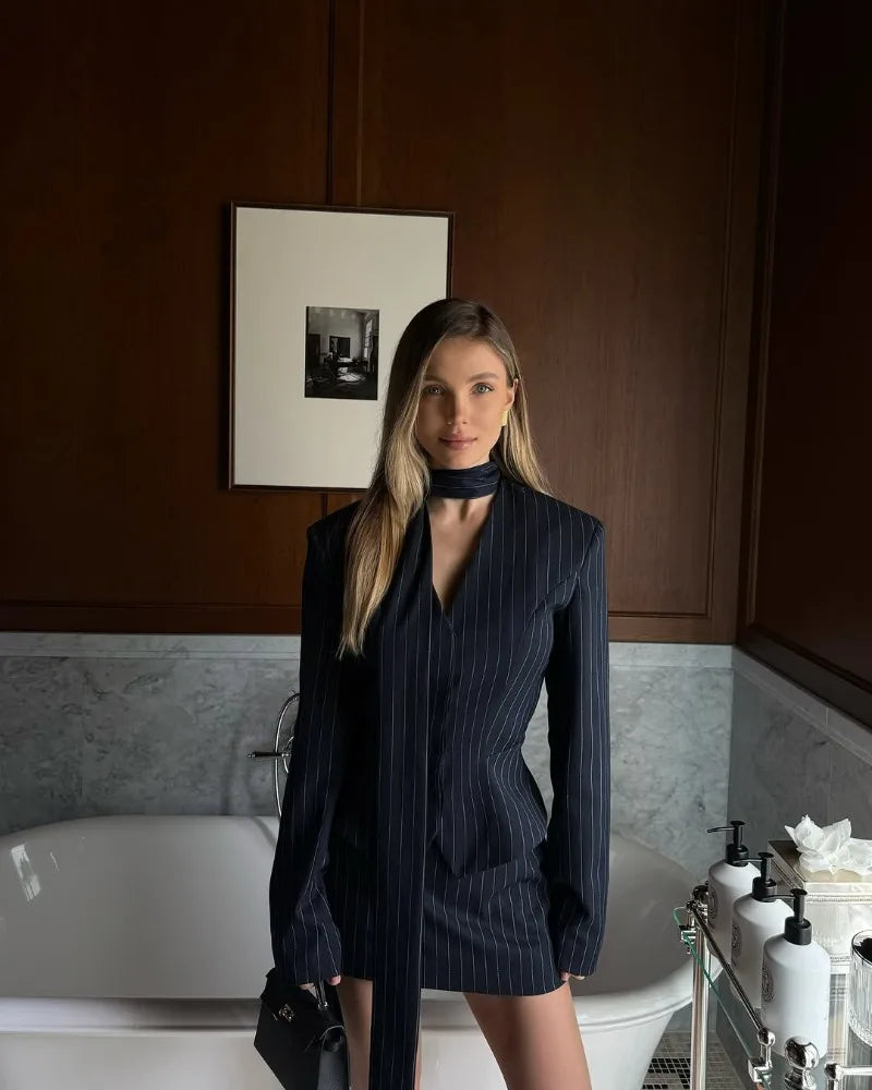 Trendix Elegant Blazer 2 Piece Sets Women V Neck Patchwork Scarf Lace Up Jackets Femme Bodycon Skirt And Commuting Blazers Suits RT220