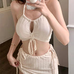 sexy Korean fashion ribbed halter bikinis sets three pieces drawstring tie swimsuit with mini skirt padded swimwear biquini RT220