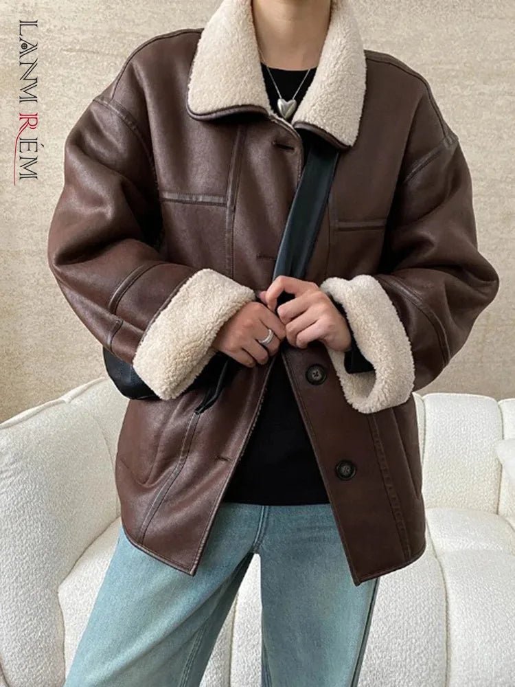 [LANMREM] Faux Fur Thick Warm Coats Lapel Single Breasted Office Lady Elegant Female Outwear Fashion 2025 Winter New 26C1095 RT220