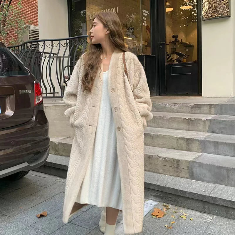 Women Fur Cardigan Thickened Long 2024Autumn Winter V-neck Jacket Female Loose Simple Leisure With Buttons Casual Faux Fur Coat RT220