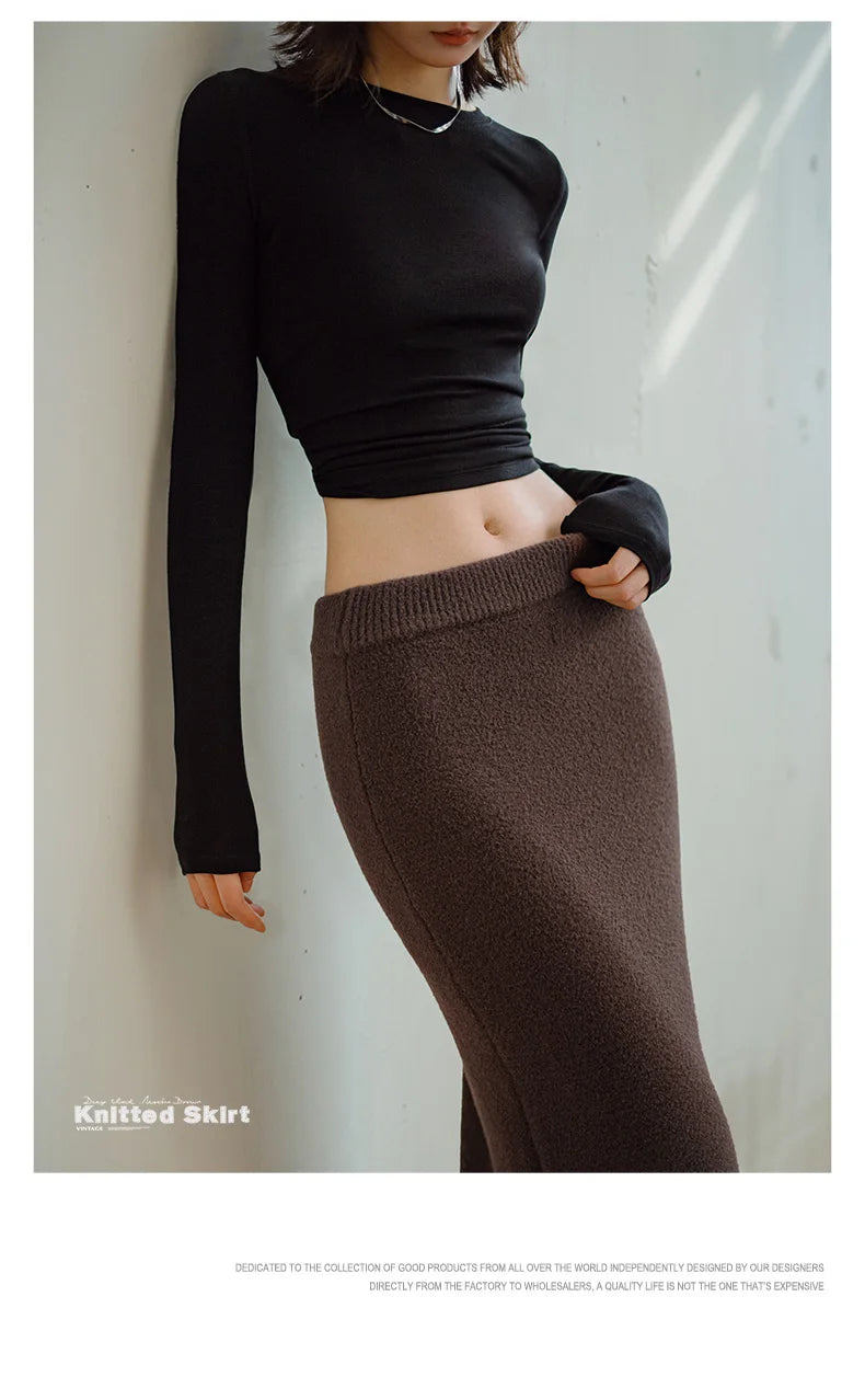 Maden Retro Knitted Skirt Solid Color Slit Fit with Single-side Slit Versatile A - line Skirt for Women's Autumn and Winter RT220