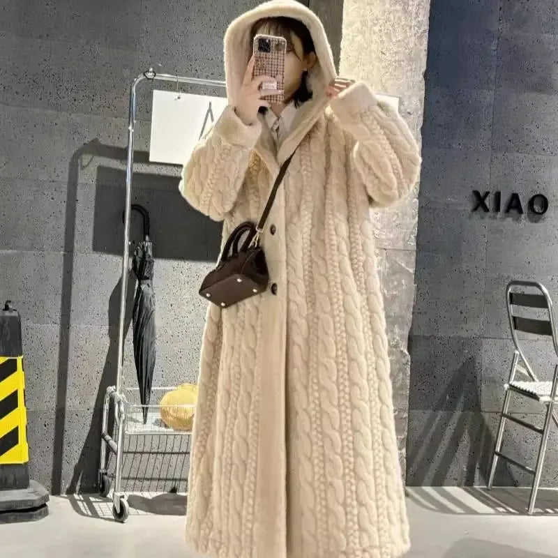 Women Fur Cardigan Thickened Long2025Spring And Autumn V-neck Jacket Female Loose Simple Leisure With Buttons Faux Fur Mink Coat RT220