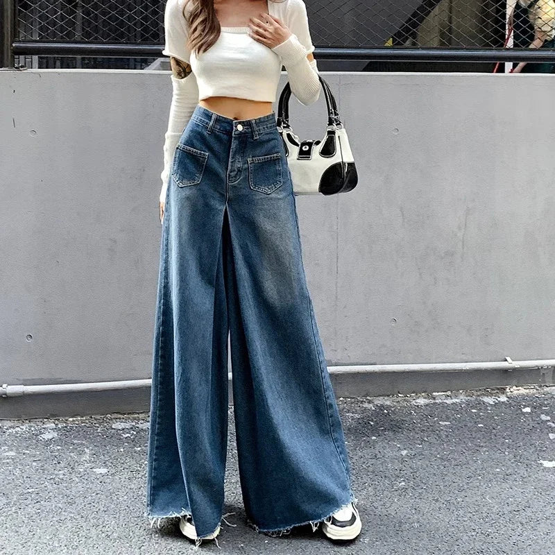 Woman High Waist High Street Wide Leg Jeans Female Loose Designer Pants Girls Fashion Y2k Blue Light Blue Gothic Denim Trousers RT220