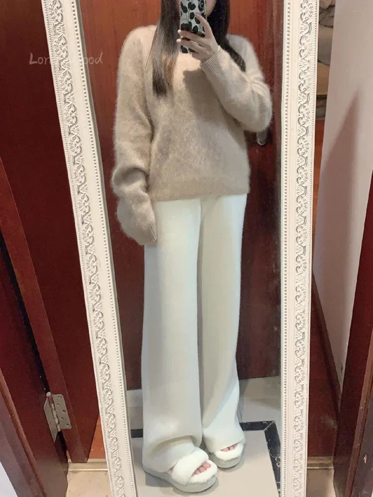 Autumn and Winter New High-waisted Loose Wool Knitted Wide-leg Trousers for Women To Wear Straight Leg Wide-leg Moped Trousers RT220