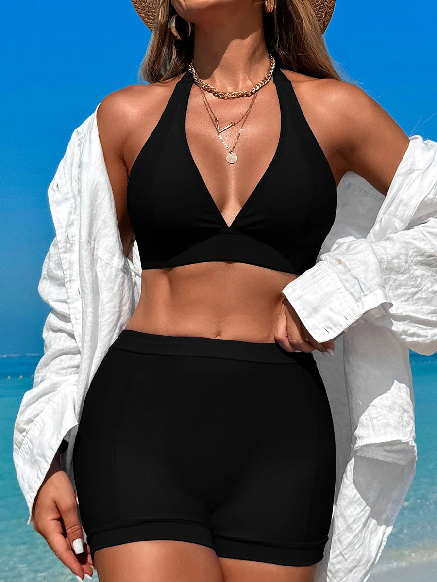 2025 High Waist Bikini Solid Halter Swimsuit Women Sexy Swimwear Female Bathers Bathing Swimming Swim Suit Beachwear RT220