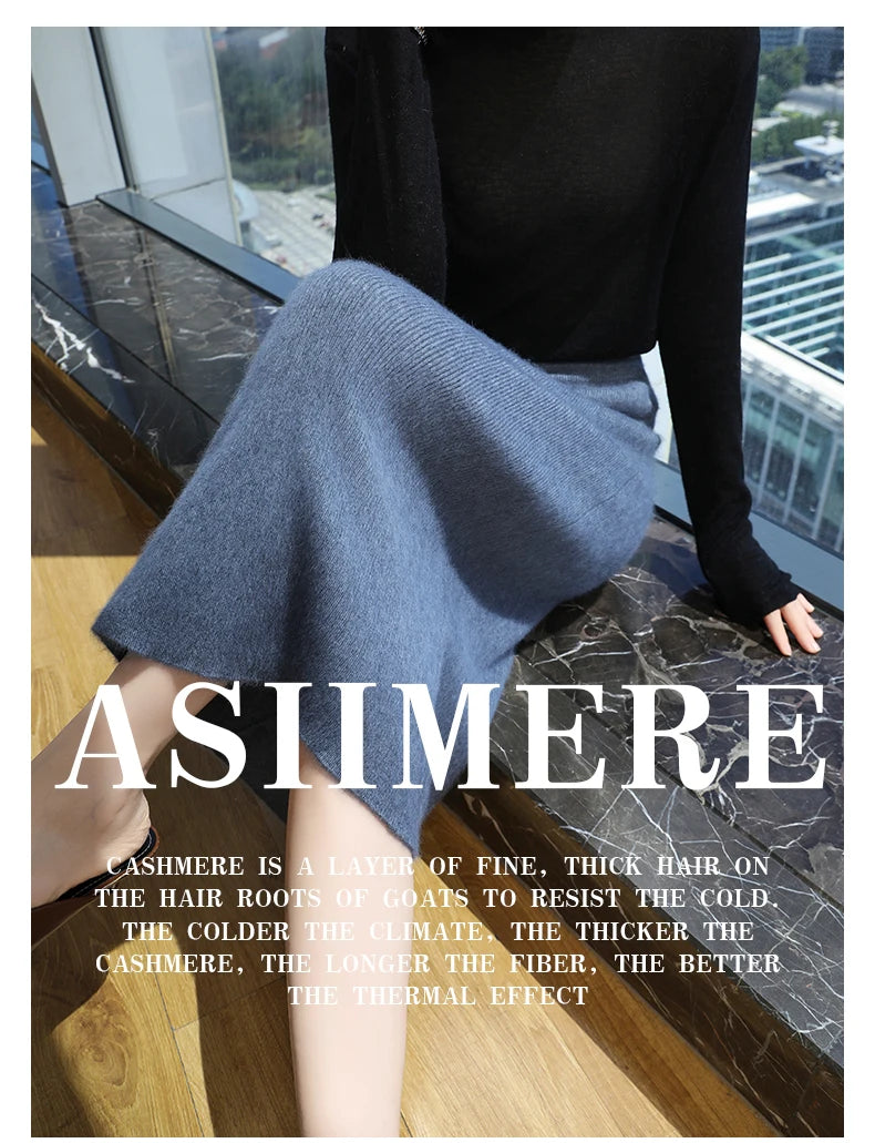 Mink Cashmere Midi Skirt For Women In Autumn And Winter, Mid Length, High Waist, Slimming, Knitted Versatile, Hip Hugging Skirts RT220