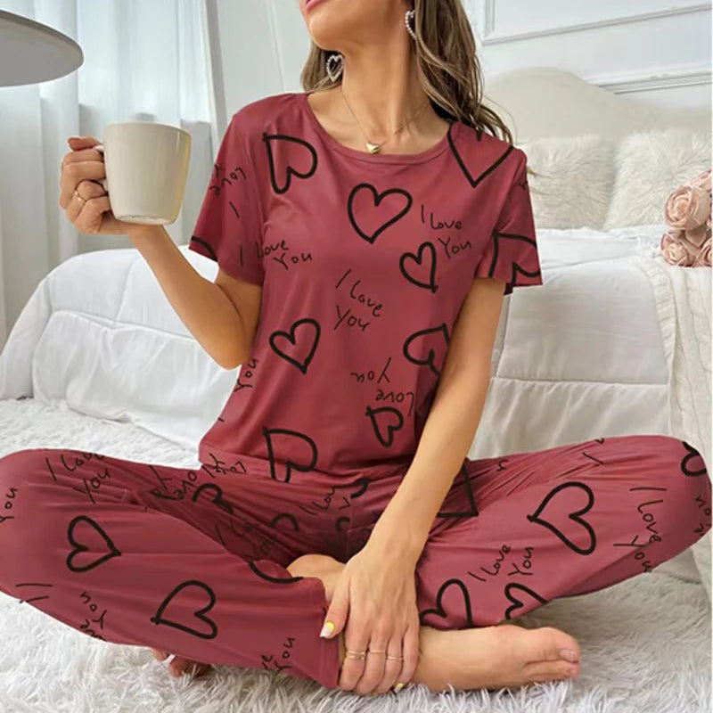 Autumn Fashion Home Pajama Suit Women Sleepwear Pijama Milk Silk Short Sleeve Top with Pants 2 Piece Pajamas for Ladies Lingerie RT220