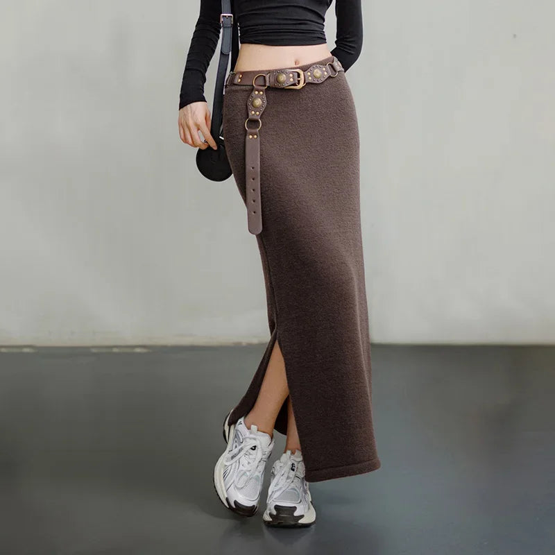 Maden Retro Knitted Skirt Solid Color Slit Fit with Single-side Slit Versatile A - line Skirt for Women's Autumn and Winter RT220