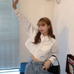 MEXZT Fashion Korean Pocket Cropped Blouse Women Casual Preppy Style Long Sleeve Short Shirt Fall Solid White All-match Y2k Tops RT220