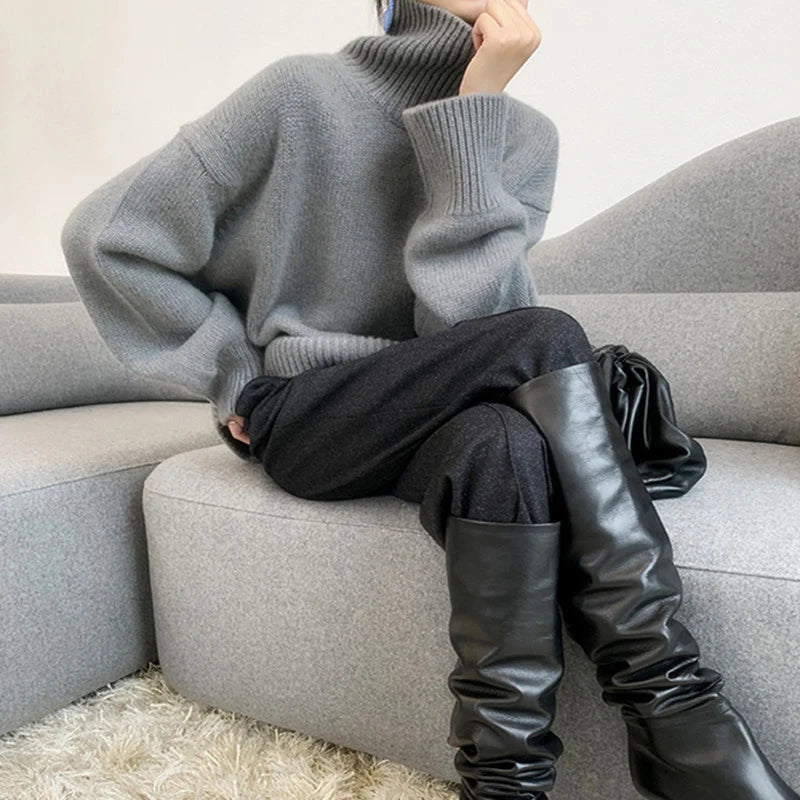 Jmprs Lazy Wind Grey Turtleneck Sweaters Women Vintage Loose Knitted Pullovers Streetwear Retro Harajuku Long Sleeve Simple Tops RT220