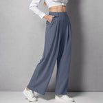 2024 New Pantalones De Mujer Women's Wide Leg Pants Elastic High Waisted Knit Casual Palazzo Pants Trousers With Pockets RT220