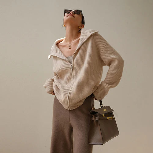 Fashion Women Sweaters 2025 LOOSE Zipper Design Pullovers Casual Solid Turtleneck Thickening Pink Knitted Winter Women's Sweater RT220