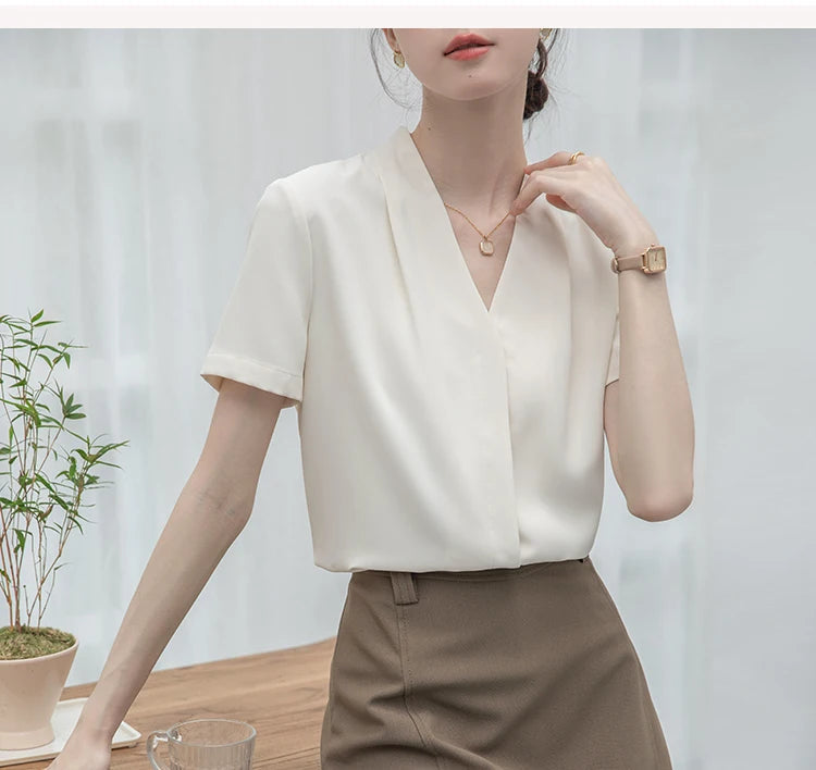 2025 Fashion Summer Short Sleeve V-Neck Women Blouse White Blouse Shirt Women Tops Blouses Shirts Blusas Para Mujer Camisas XL86 RT220