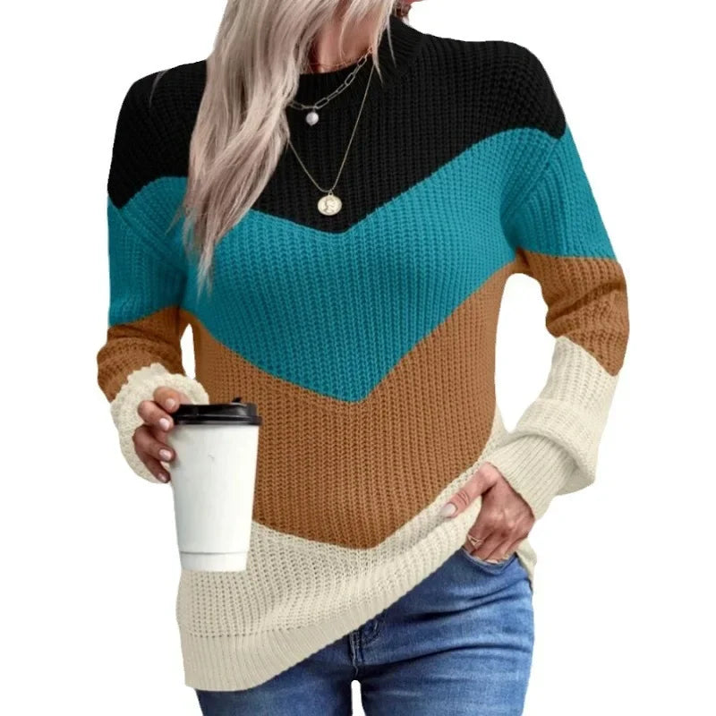 Knit Sweaters Women Jumpers Striped Print Round Neck Streetwear Pullover Top Casual Long Sleeve Warm Sweater Autumn Winter RT220