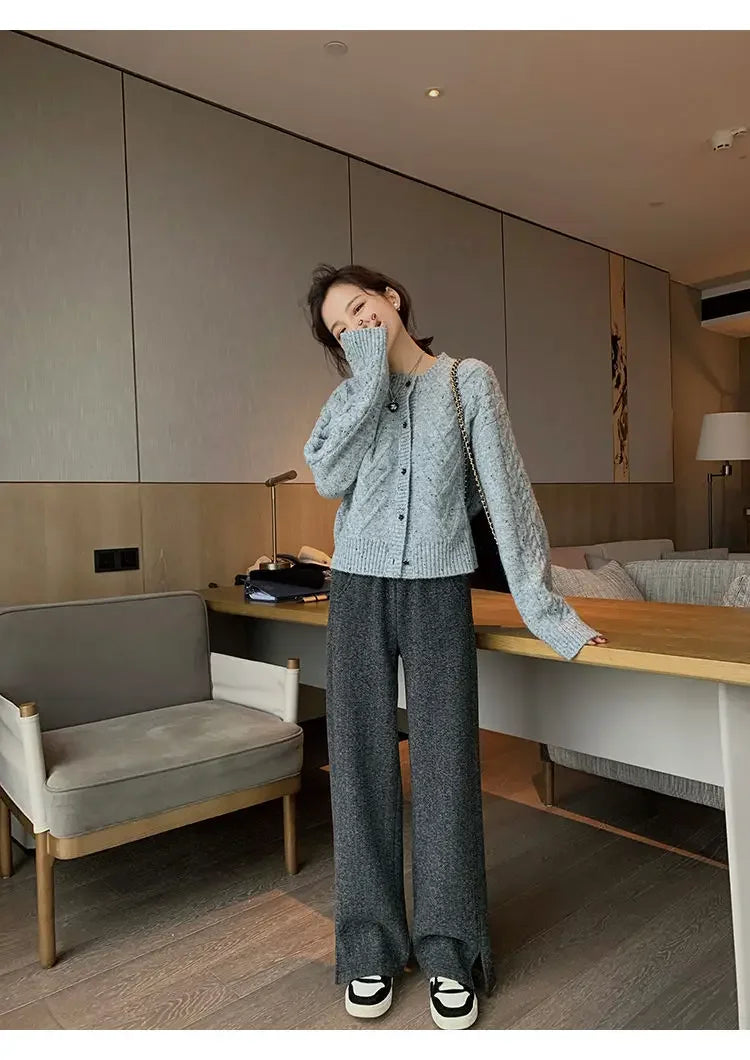 Women Pants Autumn Winter Thickening High Waisted Wool Wide Leg Pants Women Fashion Chevron Lengthening Leg Opening Floor Length RT220