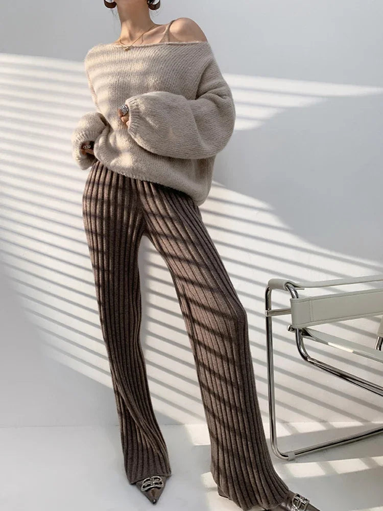 Autumn Winter Casual Thick Knitted Pant Women Long Trousers Elastic High Waist Kniting Wide Leg Pants Striped Pantalon RT220