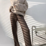 Autumn Winter Casual Thick Knitted Pant Women Long Trousers Elastic High Waist Kniting Wide Leg Pants Striped Pantalon RT220