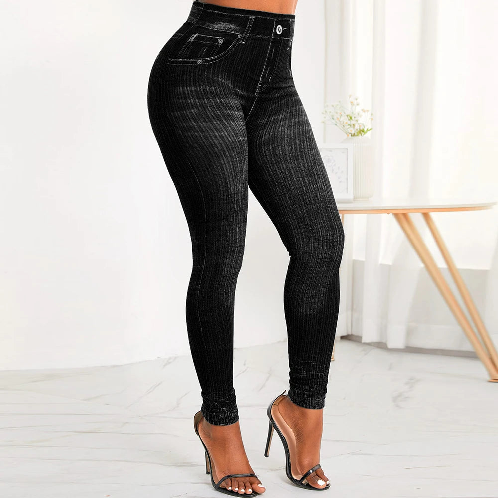 M XXL Faux Denim Leggings Women Clothing Summer High Waist Jeans Oversized Basics Pants Female Casual Slim Trousers RT220