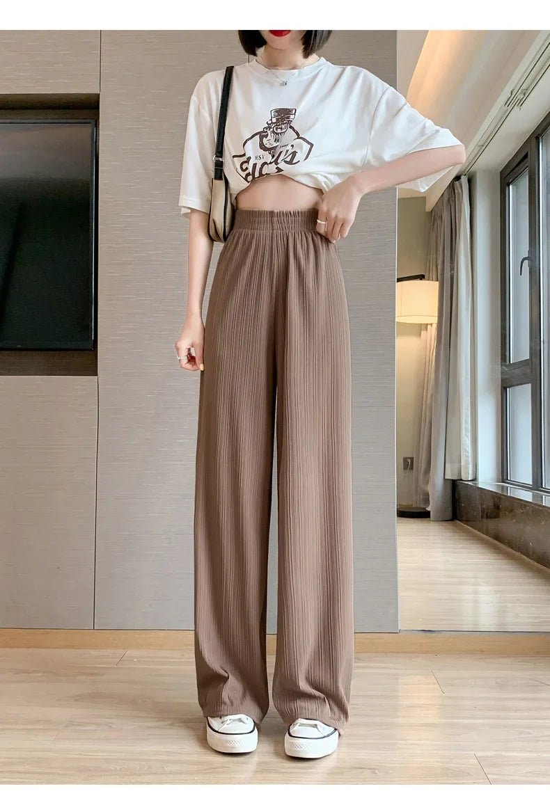 Thin Summer Wide-leg Pants Ice Filament Permeability Women Spring  Women Elastic Waist Stright Long Wide Leg Pants Casual Female RT220