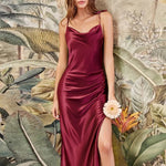 MisShow Satin Cowl Neck Women Beach Midi Dresses for Summer Sexy High Slit Sheath Evening Party Dresses for Christmas New Year RT220