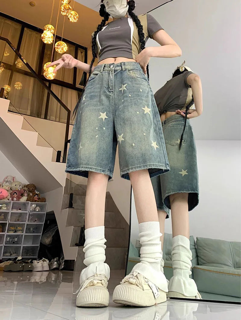 American Style Vintage Women's Short Jeans High Waisted Washed Wide Leg Denim Pants Woman Fashion Do Old Star Knee Length Shorts RT220
