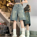 American Style Vintage Women's Short Jeans High Waisted Washed Wide Leg Denim Pants Woman Fashion Do Old Star Knee Length Shorts RT220