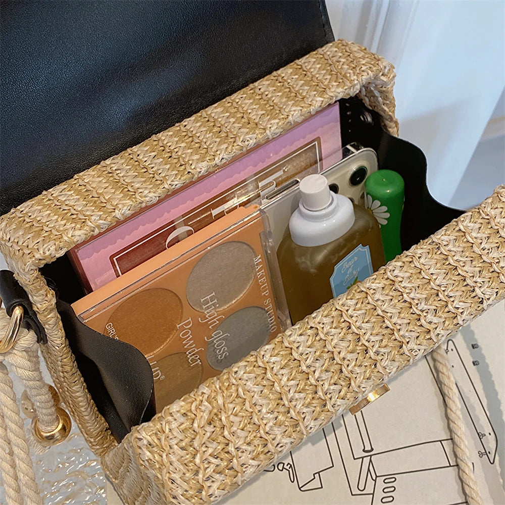 MOODS Straw Beach Bag For Women 2023 Summer New Luxury Designer Handbags Hit Color Tassels Shoulder Crossbody Box Bag Sac A Main RT220