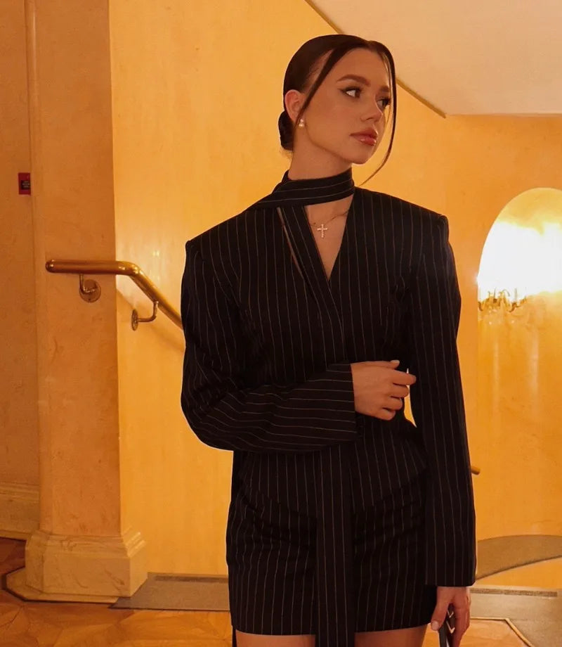 Trendix Elegant Blazer 2 Piece Sets Women V Neck Patchwork Scarf Lace Up Jackets Femme Bodycon Skirt And Commuting Blazers Suits RT220