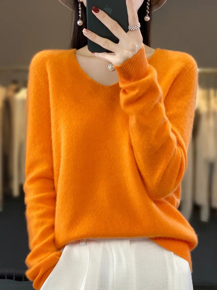 2024 New Womens Basic V-neck Pullover Sweater 100% Merino Wool Long Sleeve Cashmere Knitwear Autumn Winter Female Clothing Tops RT220