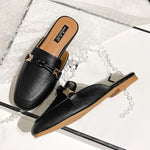 New Summer Fashion Metal Buckle Woman Shoes Half-drag Muller Shoes Women Wear Flat Slippers And Leather Toe-covered Sandals RT220