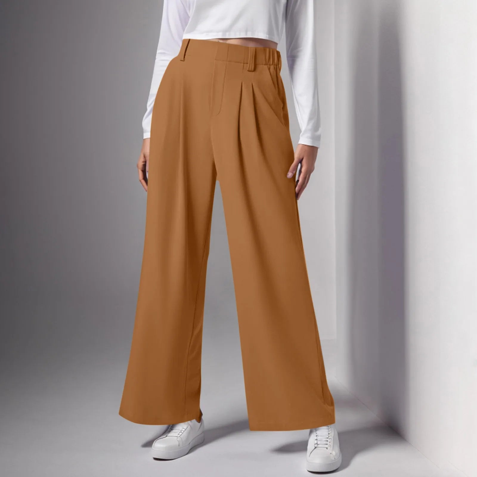 2024 New Pantalones De Mujer Women's Wide Leg Pants Elastic High Waisted Knit Casual Palazzo Pants Trousers With Pockets RT220