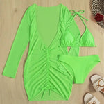 Long Sleeves Dress Bikini Set 2025 Women Neon Green Lace Up 3 Pieces Swimsuit Brazilian Bathing Suit Pleate Cover Up Swimwear RT220
